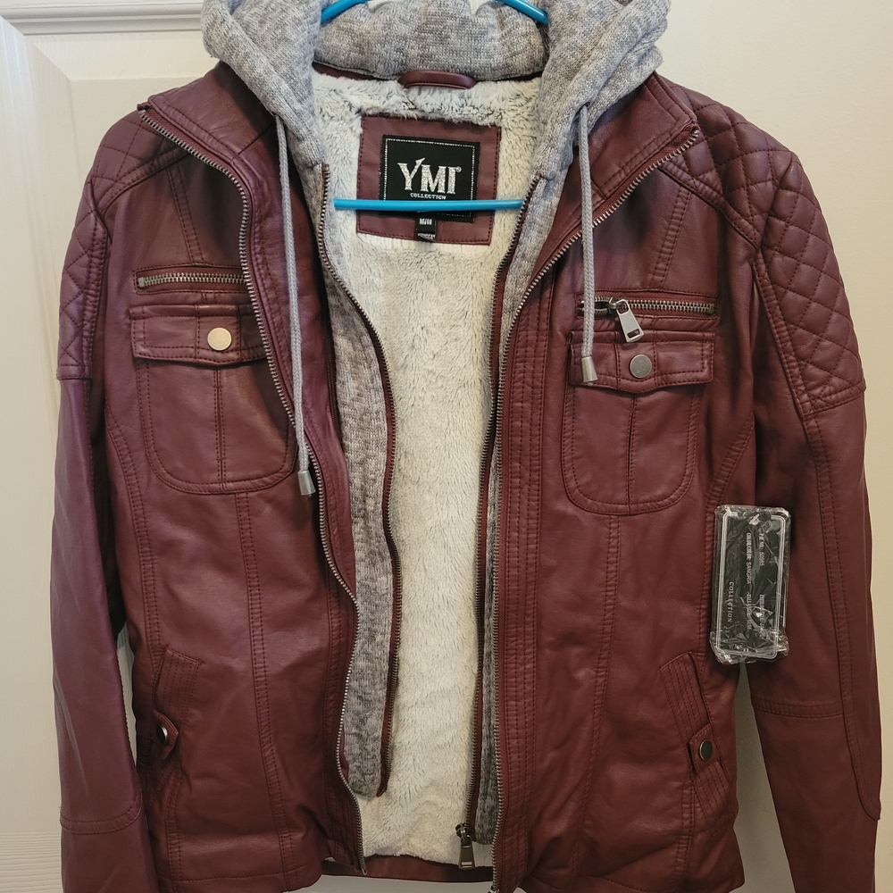 YMI Maroon Faux Leather Jacket with Gray Hoodie